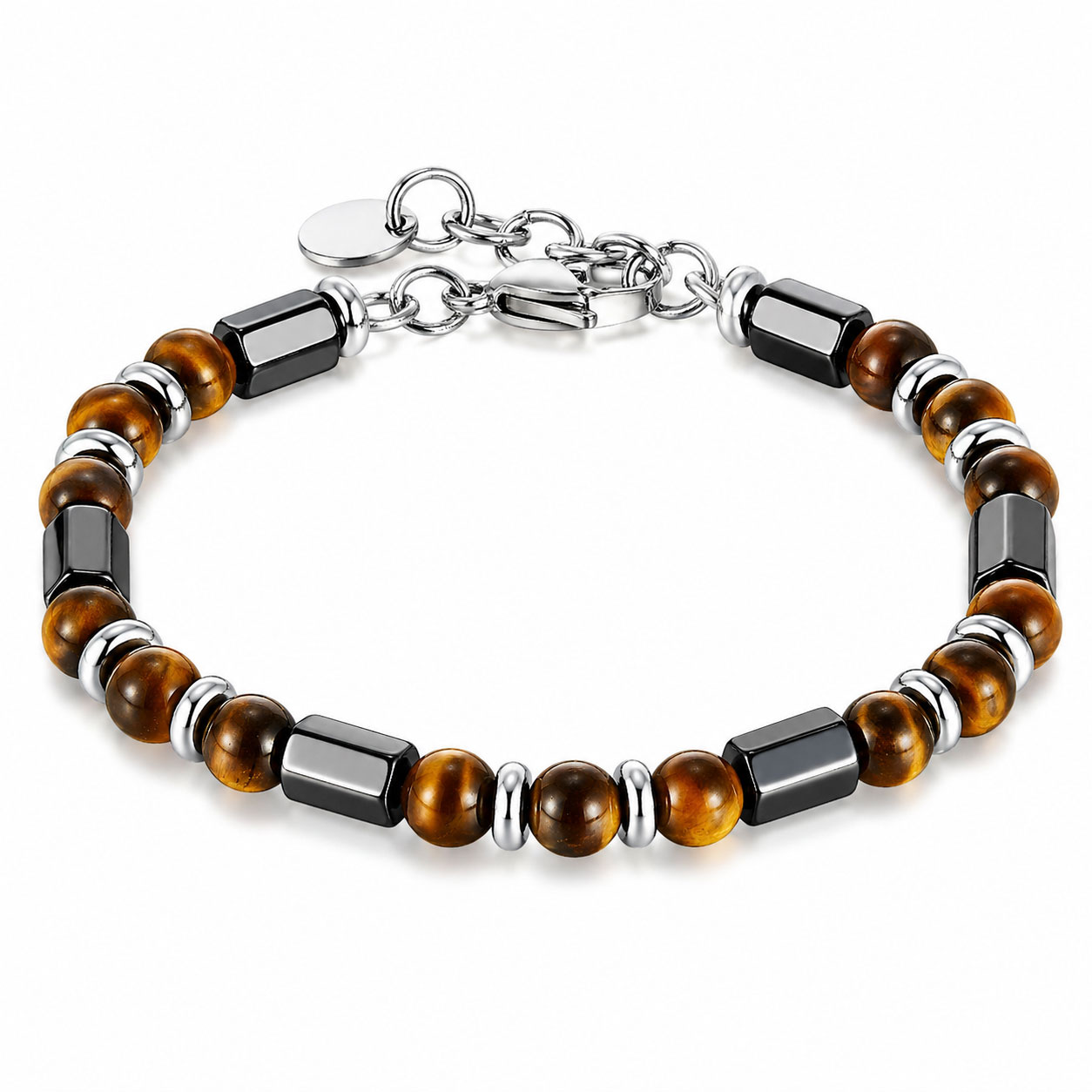 Bracciale Acciaio Bianco, Tiger Eye ed Hematite - Reiko