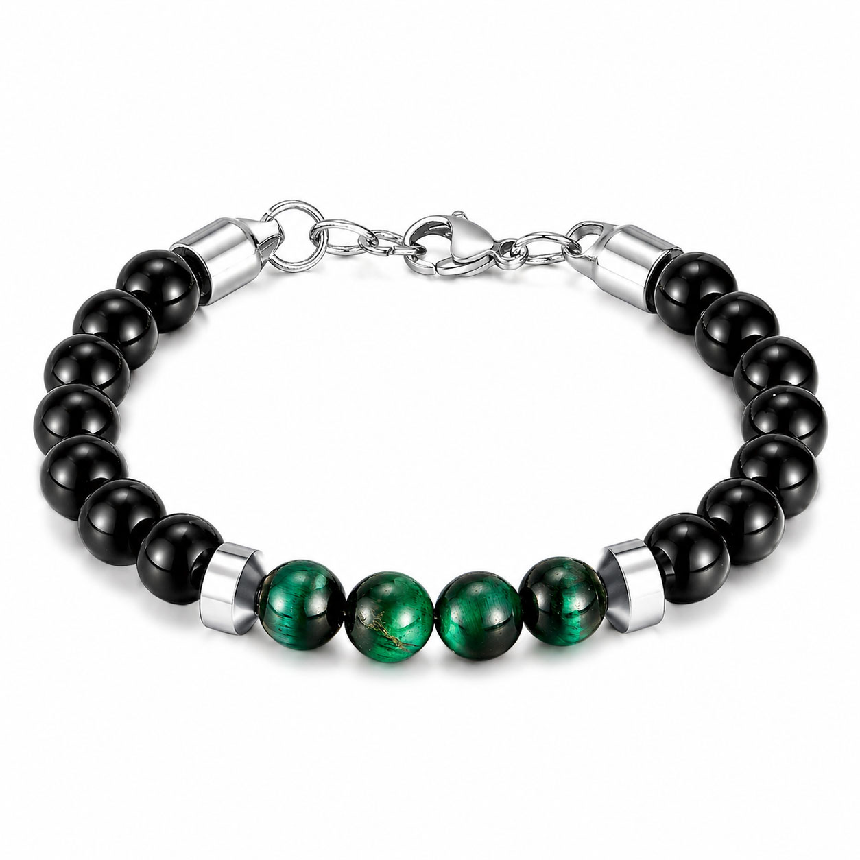 Bracciale Acciaio Bianco, Green Tiger Eye e Glass Bead (20.5 cm) - Reiko