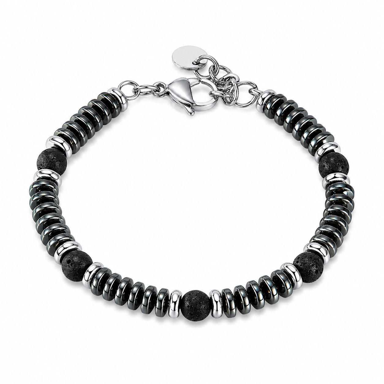 Bracciale Acciaio Bianco, Volcanic Stone ed Hematite - Reiko