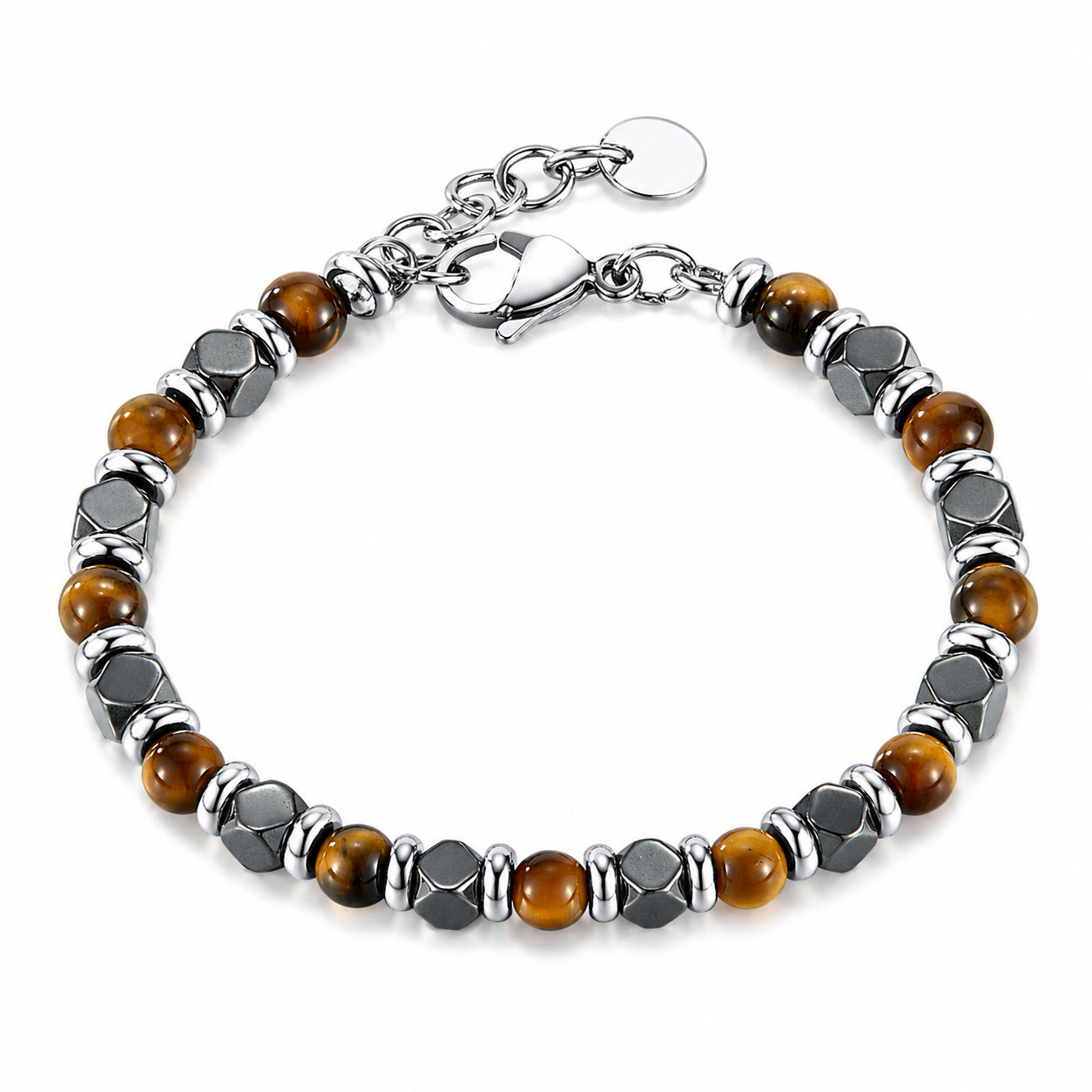 Bracciale Acciaio Bianco, Yellow Tiger Eye ed Hematite - Reiko