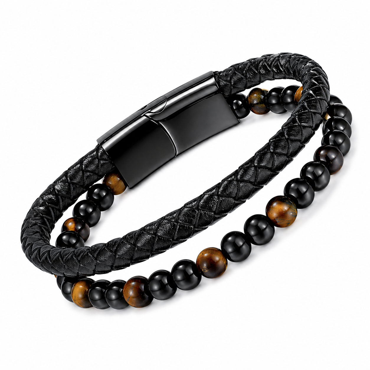 Bracciale Acciaio Nero, Tiger Eye e Black Agate (21 cm) - Reiko