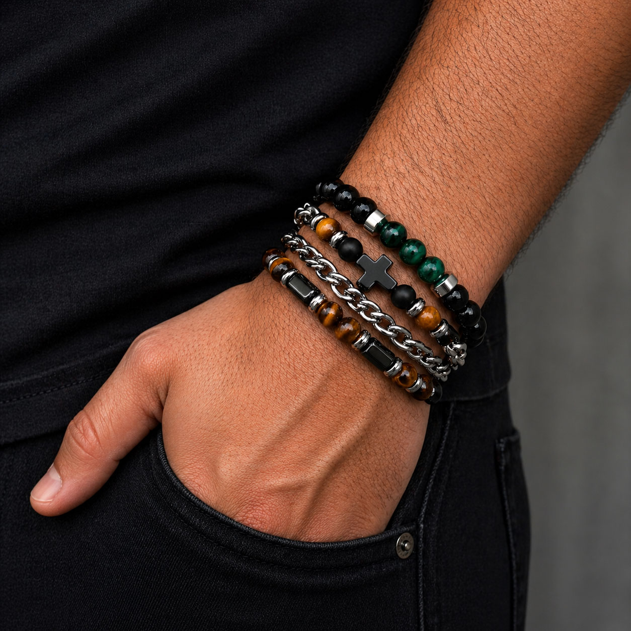 Bracciale Acciaio Bianco, Green Tiger Eye e Glass Bead (20.5 cm) - Reiko