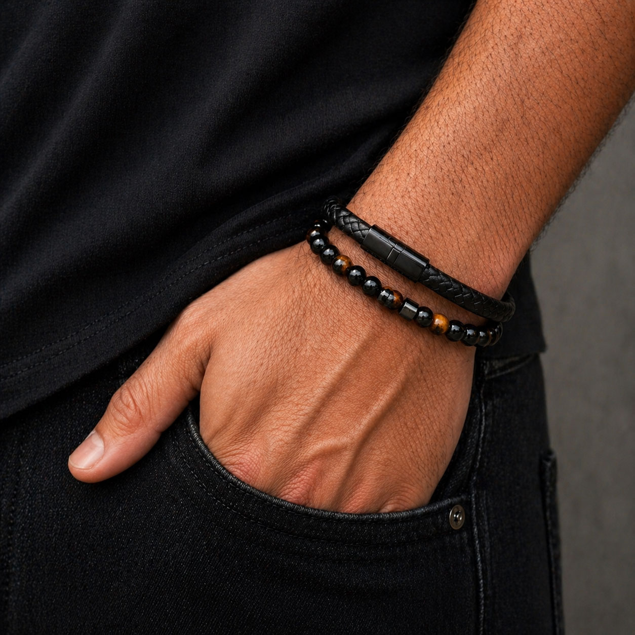 Bracciale Acciaio Nero, Tiger Eye e Black Agate (21 cm) - Reiko