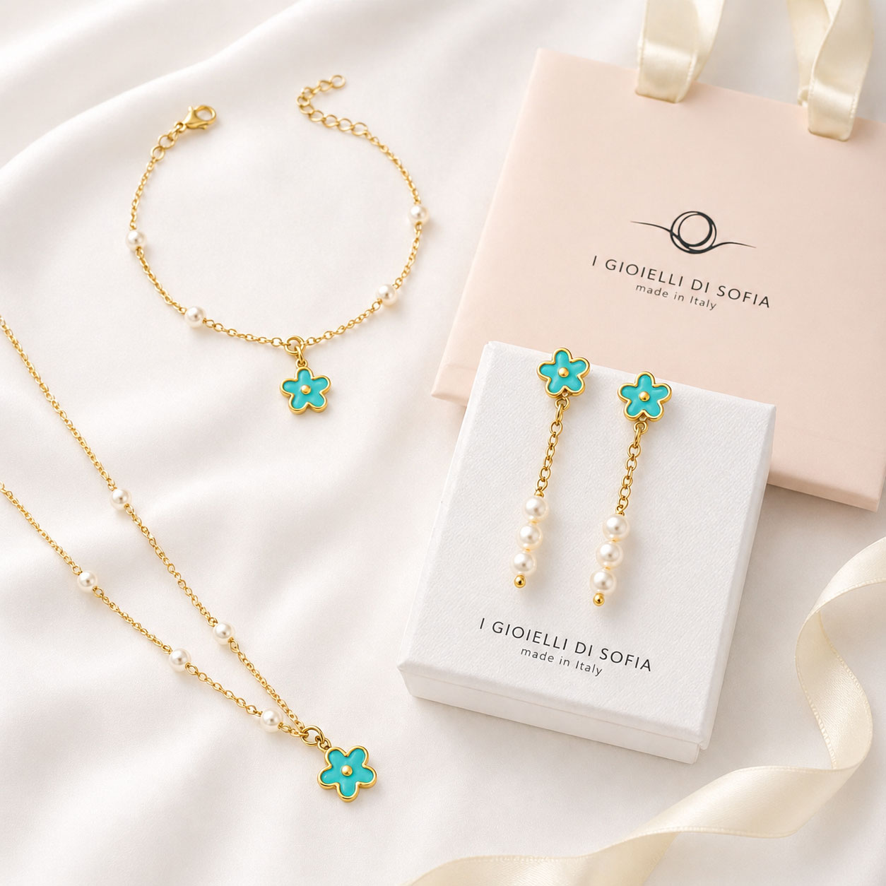 Bracciale Argento Dorato Fiore e Perle - I gioielli di Sofia